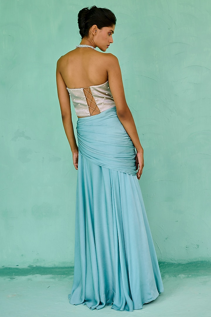 Blue Chiffon Draped Skirt Set by Chamee and Palak at Pernia's Pop Up Shop
