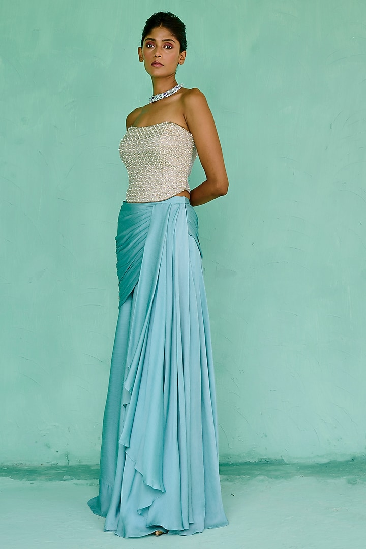 Blue Chiffon Draped Skirt Set by Chamee and Palak at Pernia's Pop Up Shop