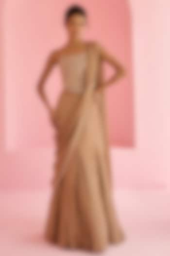 Cocoa Brown Georgette Sequins Embellished Pre-Draped Wedding Saree Set by Chamee and Palak at Pernia's Pop Up Shop