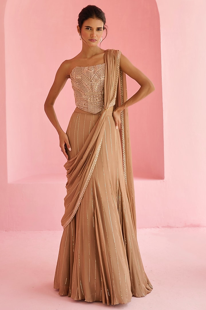 Cocoa Brown Georgette Sequins Embellished Pre-Draped Wedding Saree Set by Chamee and Palak at Pernia's Pop Up Shop