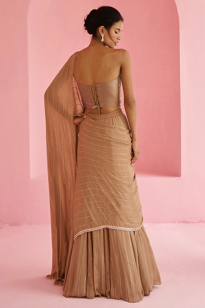 Cocoa Brown Georgette Sequins Embellished Pre-Draped Wedding Saree Set by Chamee and Palak at Pernia's Pop Up Shop