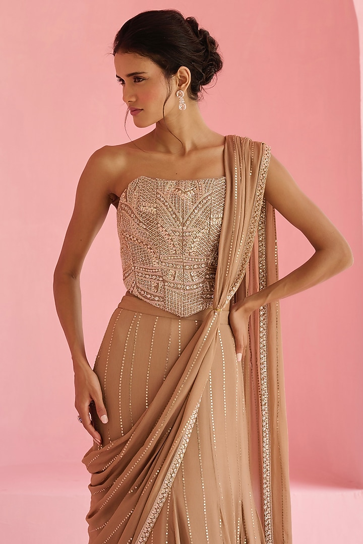 Cocoa Brown Georgette Sequins Embellished Pre-Draped Wedding Saree Set by Chamee and Palak at Pernia's Pop Up Shop