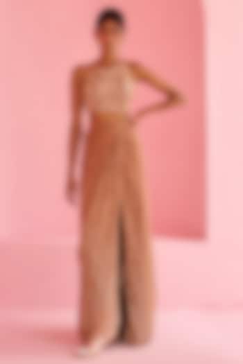 Cocoa Brown Georgette & Raw Silk Draped Skirt Set by Chamee and Palak at Pernia's Pop Up Shop