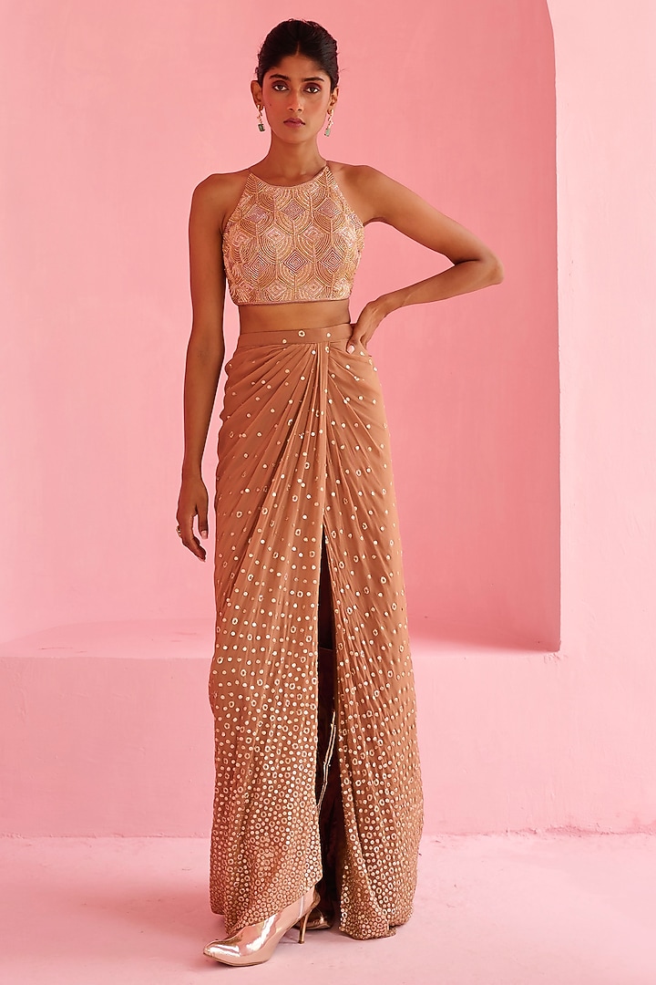 Cocoa Brown Georgette & Raw Silk Draped Skirt Set by Chamee and Palak at Pernia's Pop Up Shop
