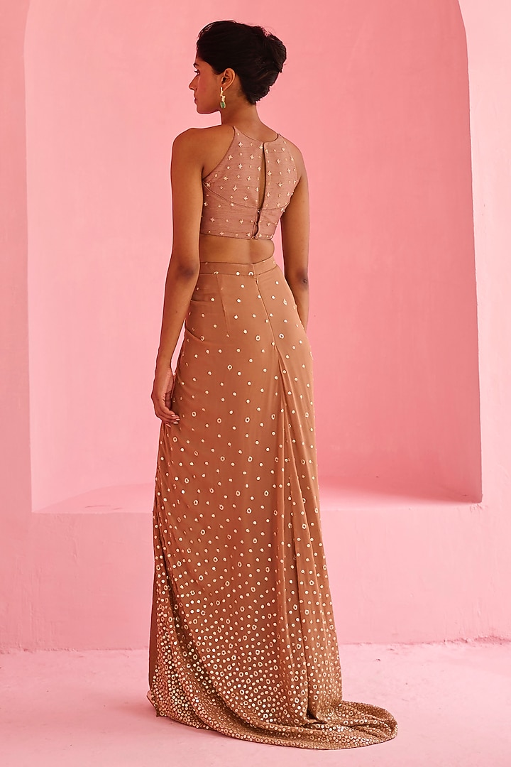 Cocoa Brown Georgette & Raw Silk Draped Skirt Set by Chamee and Palak at Pernia's Pop Up Shop