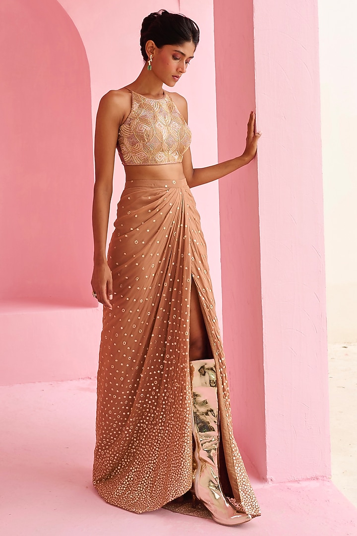 Cocoa Brown Georgette & Raw Silk Draped Skirt Set by Chamee and Palak at Pernia's Pop Up Shop