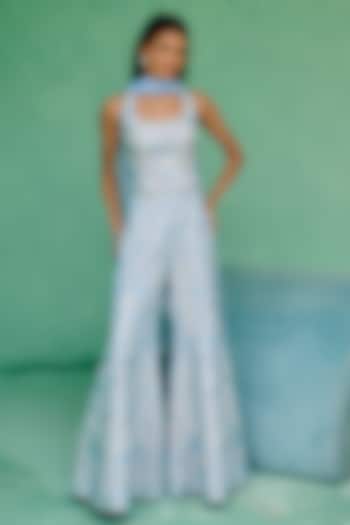 Blue Dupion Silk Floral Thread Embroidered Flared Pant Set by Chamee and Palak at Pernia's Pop Up Shop