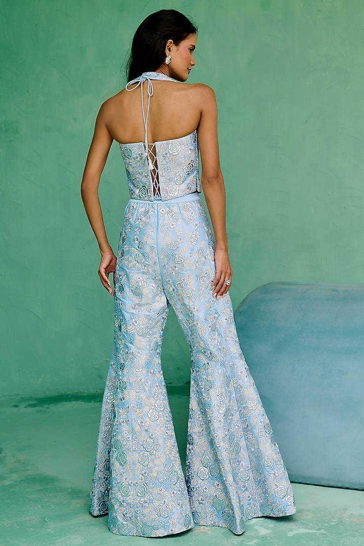 Blue Dupion Silk Floral Thread Embroidered Flared Pant Set by Chamee and Palak at Pernia's Pop Up Shop