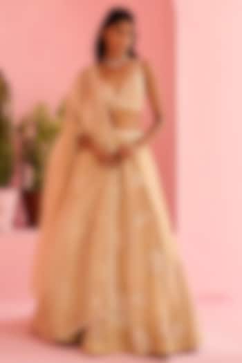Beige Organza Embellished Wedding Lehenga Set by Chamee and Palak at Pernia's Pop Up Shop