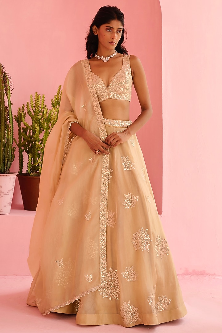 Beige Organza Embellished Wedding Lehenga Set by Chamee and Palak at Pernia's Pop Up Shop