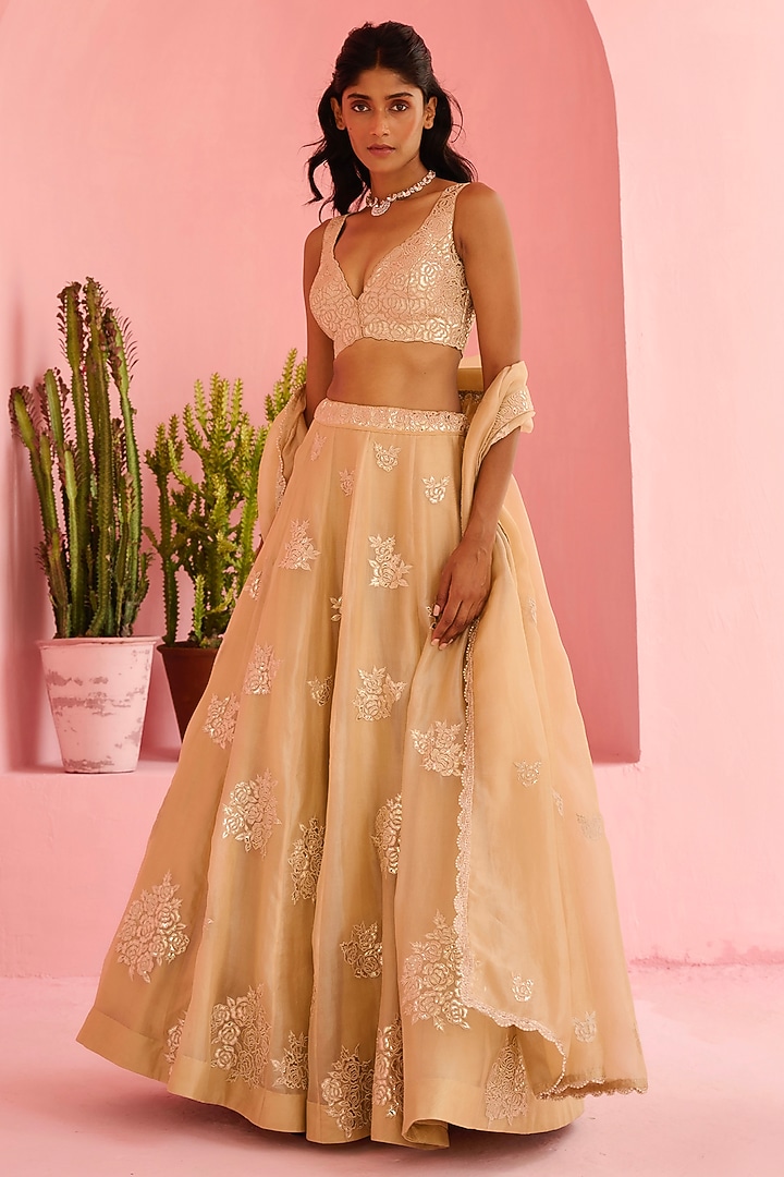 Beige Organza Embellished Wedding Lehenga Set by Chamee and Palak at Pernia's Pop Up Shop