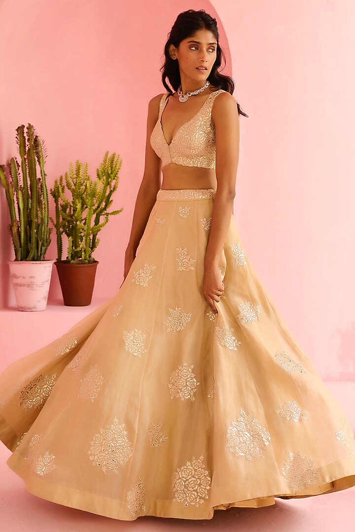 Beige Organza Embellished Wedding Lehenga Set by Chamee and Palak at Pernia's Pop Up Shop