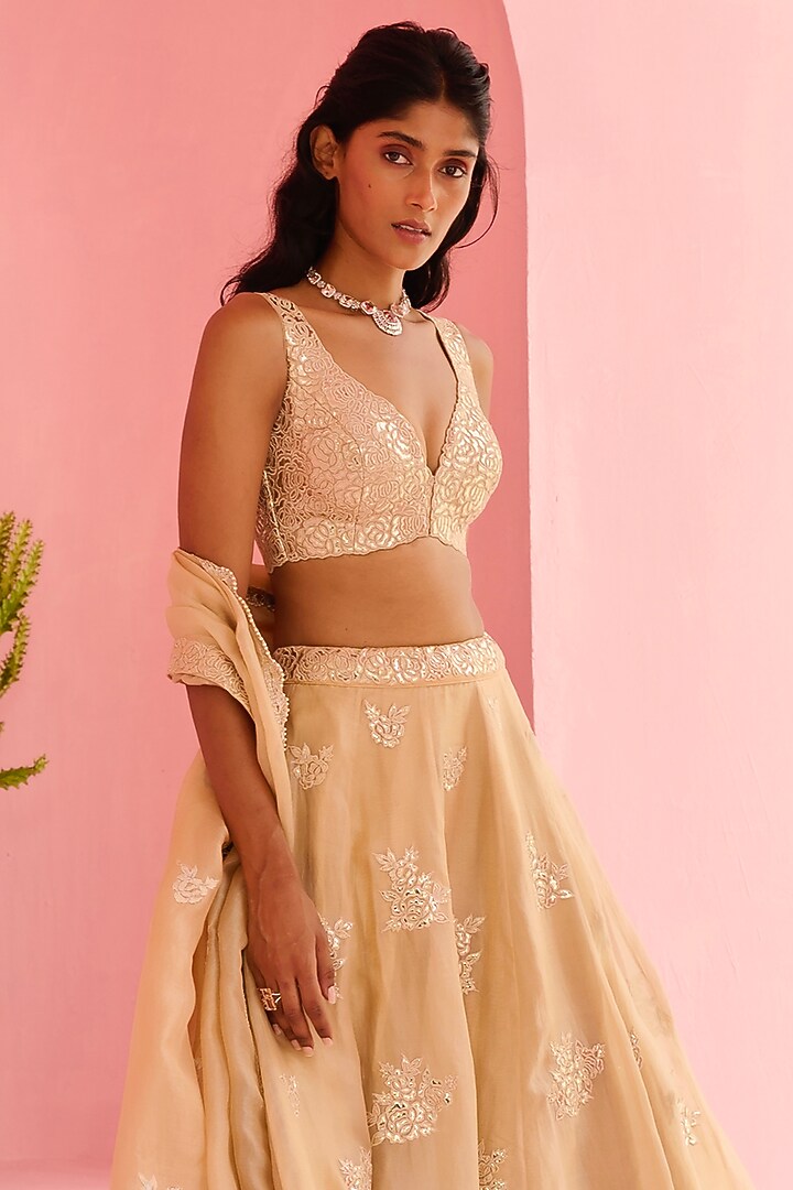 Beige Organza Embellished Wedding Lehenga Set by Chamee and Palak at Pernia's Pop Up Shop