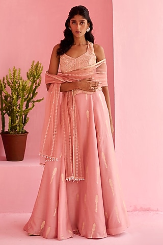 Peach-Pink Jamawar Lehenga Set by Chamee and Palak