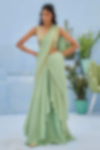 Green Tissue Silk Embellished Pre-Draped Wedding Saree Set by Chamee and Palak at Pernia's Pop Up Shop