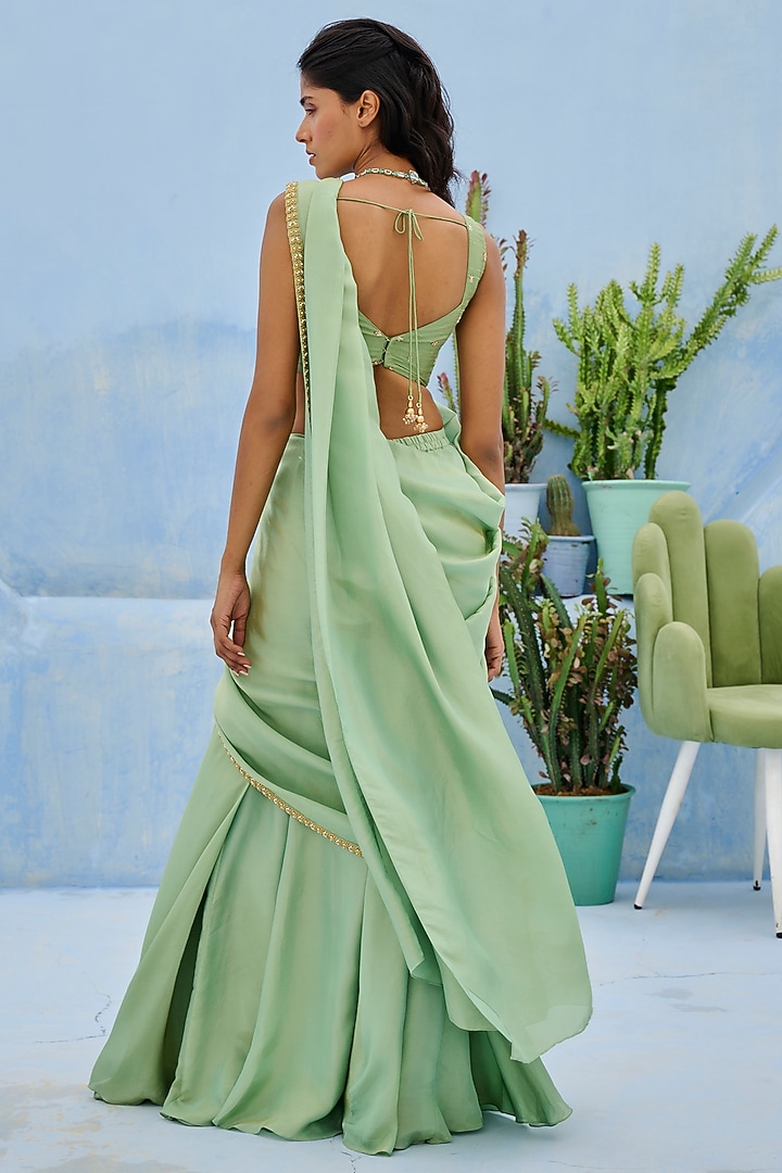 Green Tissue Silk Embellished Pre-Draped Wedding Saree Set by Chamee and Palak at Pernia's Pop Up Shop