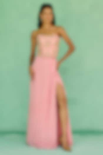 Pink Raw Silk & Georgette Embellished Skirt Set by Chamee and Palak at Pernia's Pop Up Shop