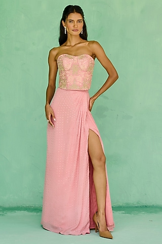 Pink Raw Silk & Georgette Embellished Skirt Set by Chamee and Palak