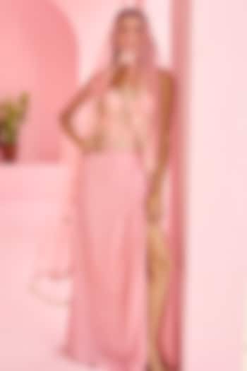 Pink Raw Silk & Georgette Embellished Draped Skirt Set by Chamee and Palak at Pernia's Pop Up Shop