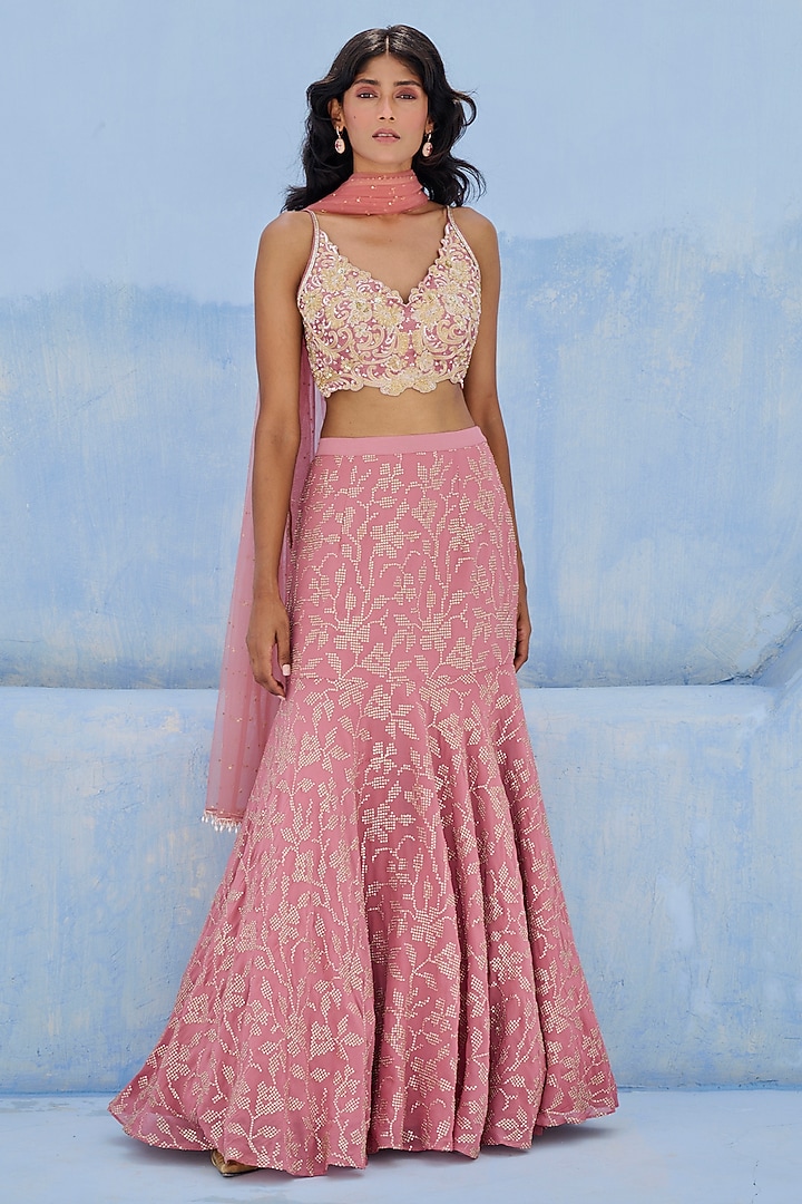 Mauve Pink Raw Silk & Georgette Embellished Wedding Lehenga Set by Chamee and Palak at Pernia's Pop Up Shop