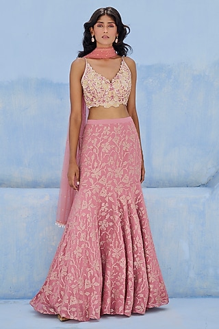 Mauve Pink Raw Silk & Georgette Embellished Lehenga Set by Chamee and Palak