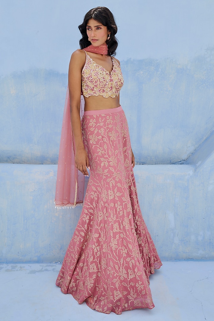 Mauve Pink Raw Silk & Georgette Embellished Wedding Lehenga Set by Chamee and Palak at Pernia's Pop Up Shop