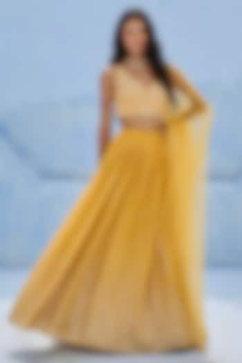 Yellow Raw Silk & Georgette Sequins Embellished Wedding Lehenga Set by Chamee and Palak at Pernia's Pop Up Shop