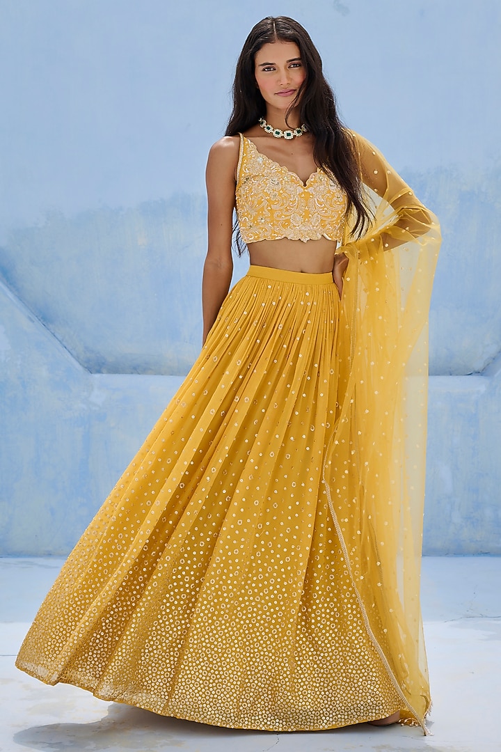 Yellow Raw Silk & Georgette Sequins Embellished Wedding Lehenga Set by Chamee and Palak at Pernia's Pop Up Shop