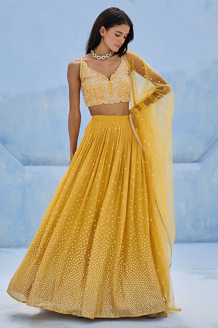 Yellow Raw Silk & Georgette Sequins Embellished Wedding Lehenga Set by Chamee and Palak at Pernia's Pop Up Shop