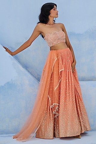Coral Raw Silk & Georgette Sequins Embellished Lehenga Set by Chamee and Palak