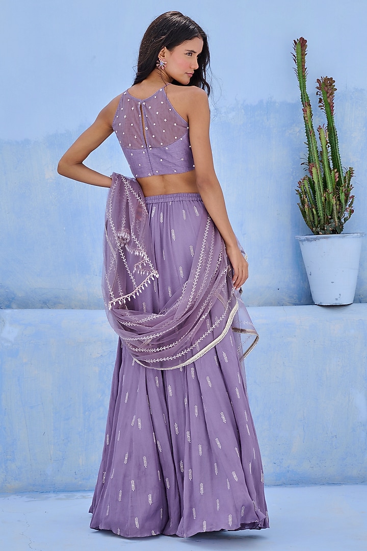 Purple Raw Silk & Georgette Sequins Embellished Wedding Lehenga Set by Chamee and Palak at Pernia's Pop Up Shop