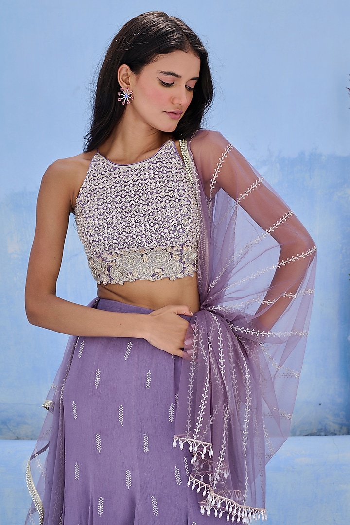 Purple Raw Silk & Georgette Sequins Embellished Wedding Lehenga Set by Chamee and Palak at Pernia's Pop Up Shop