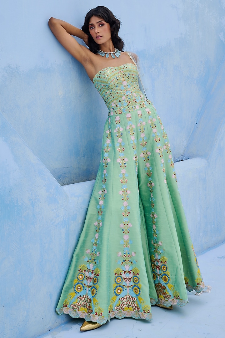 Green & Blue Dupion Silk Embroidered Flared Pant Set by Chamee and Palak at Pernia's Pop Up Shop