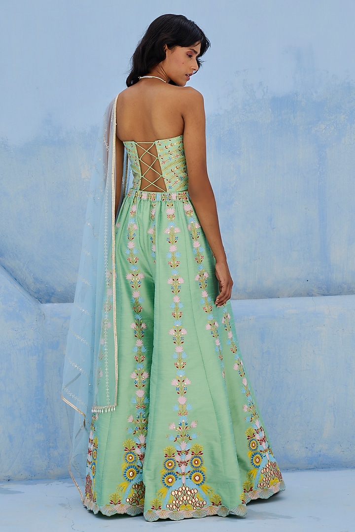 Green & Blue Dupion Silk Embroidered Flared Pant Set by Chamee and Palak at Pernia's Pop Up Shop