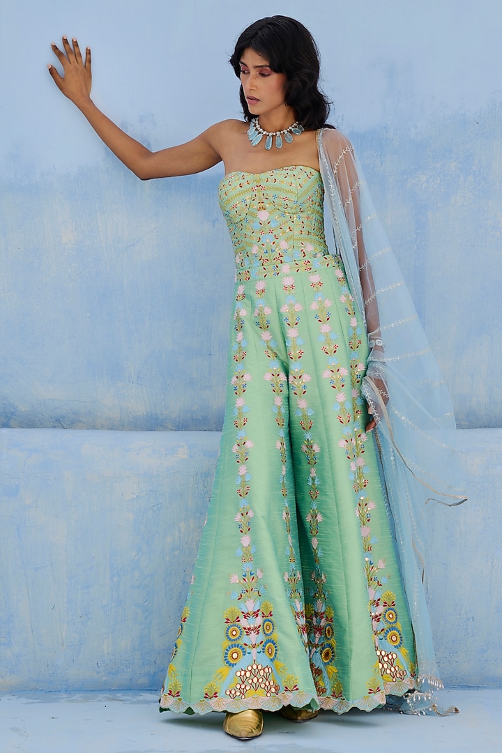 Green & Blue Dupion Silk Embroidered Flared Pant Set by Chamee and Palak at Pernia's Pop Up Shop