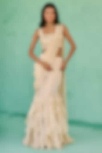 Ivory Tissue Silk Pre-Draped Wedding Saree Set by Chamee and Palak at Pernia's Pop Up Shop