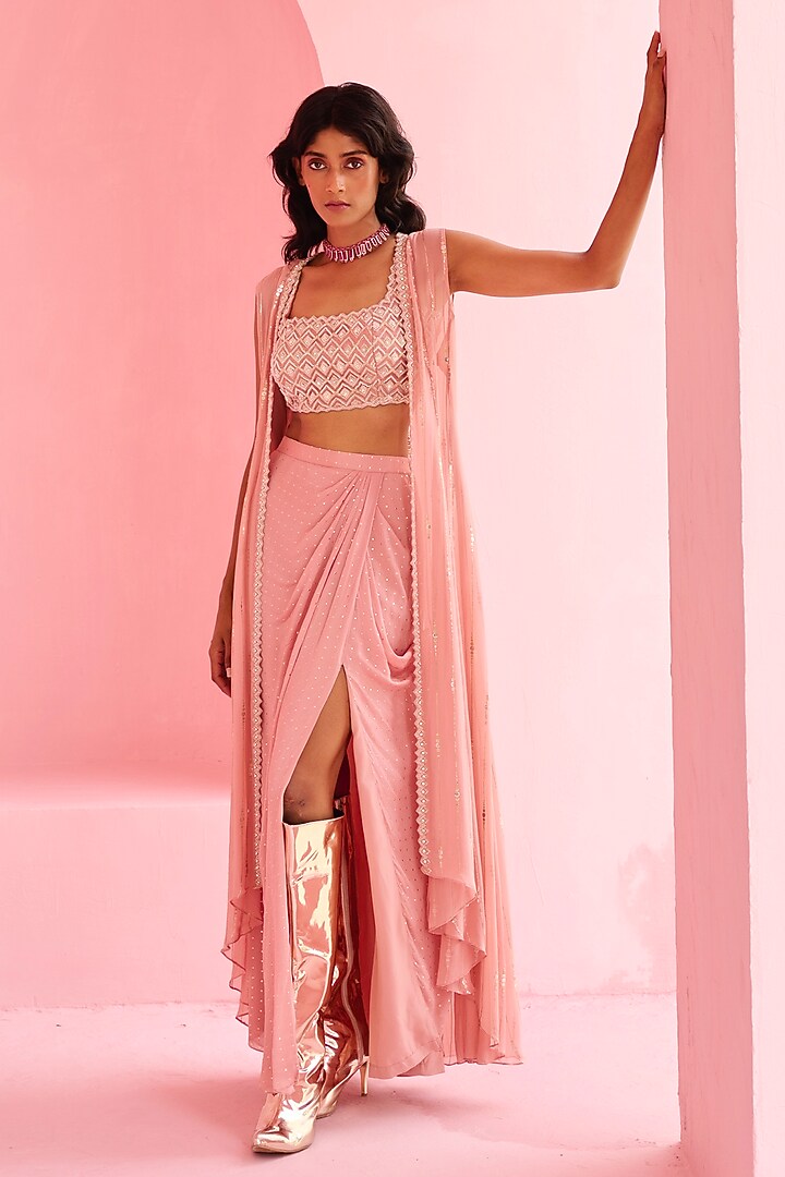 Pink Georgette Embellished Jacket Set by Chamee and Palak at Pernia's Pop Up Shop