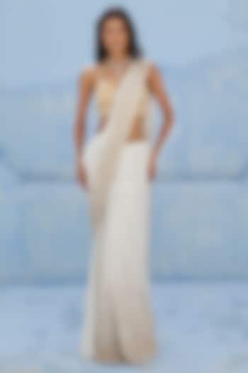 Ivory Raw Silk & Georgette Embellished Pre-Draped Wedding Saree Set by Chamee and Palak at Pernia's Pop Up Shop