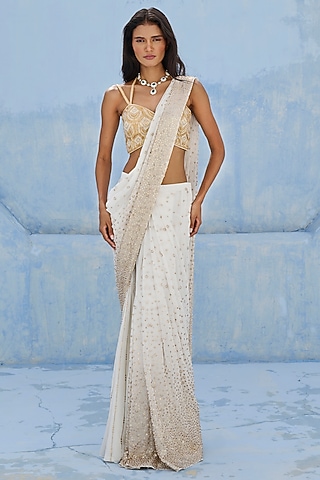 Ivory Raw Silk & Georgette Embellished Pre-Draped Saree Set by Chamee and Palak