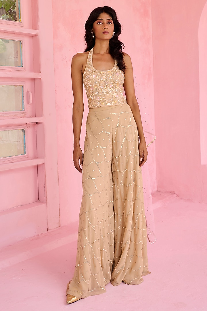 Beige & Blush Pink Crepe Embellished Flared Pant Set by Chamee and Palak at Pernia's Pop Up Shop