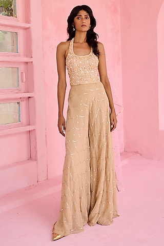 Beige & Blush Pink Crepe Embellished Flared Pant Set by Chamee and Palak