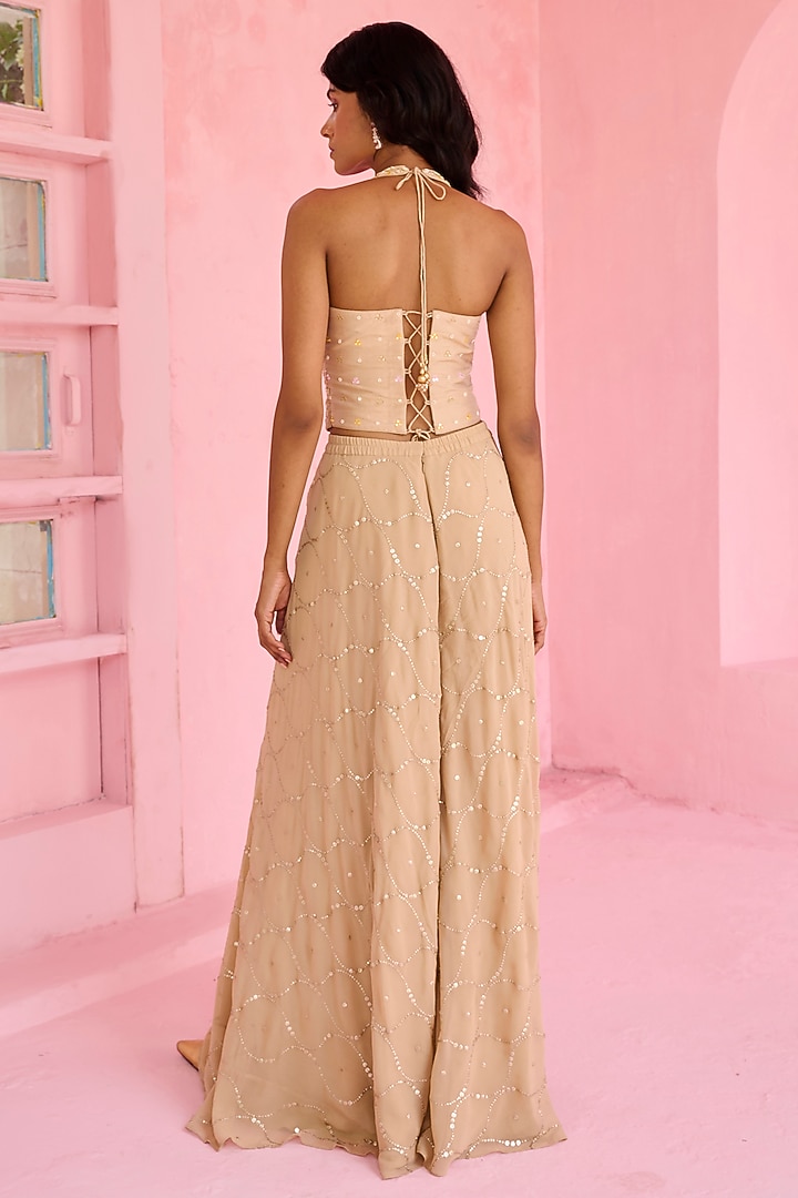 Beige & Blush Pink Crepe Embellished Flared Pant Set by Chamee and Palak at Pernia's Pop Up Shop