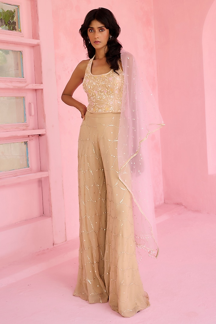 Beige & Blush Pink Crepe Embellished Flared Pant Set by Chamee and Palak at Pernia's Pop Up Shop