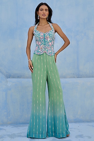Blue & Green Raw Silk Sequins Embellished Pant Set by Chamee and Palak