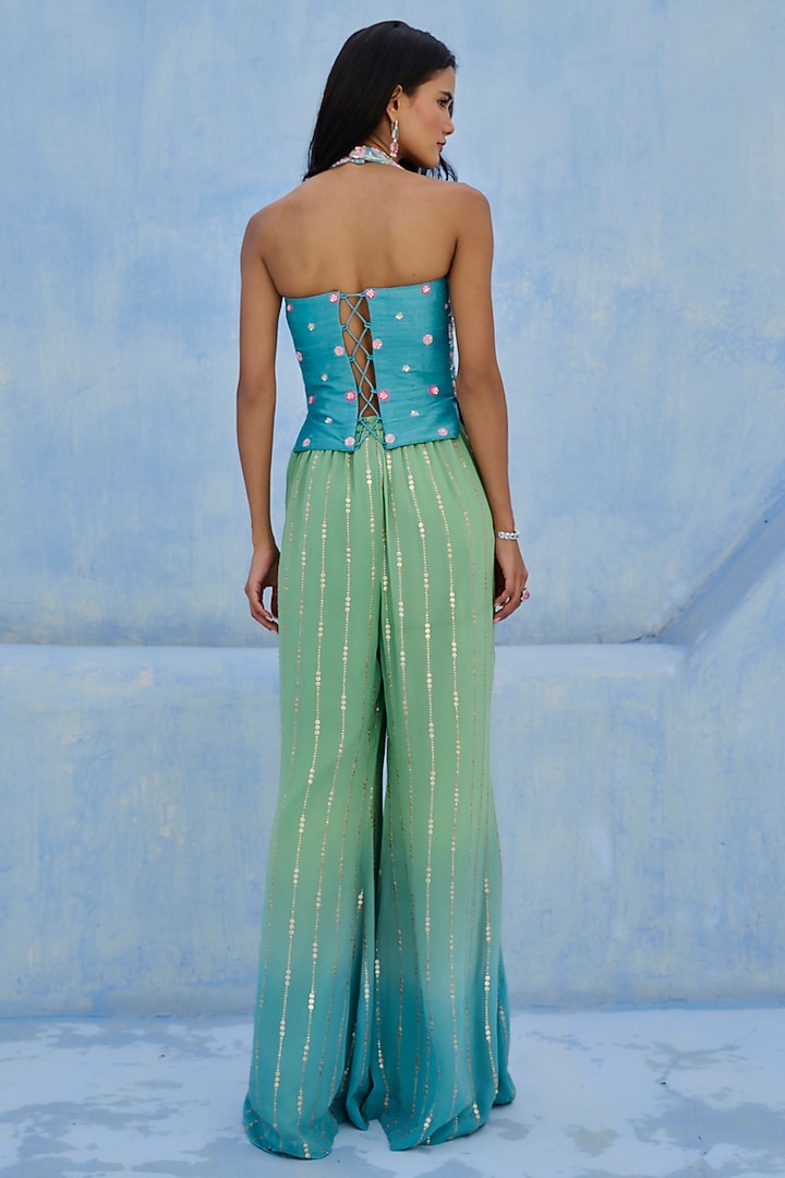 Blue & Green Raw Silk Sequins Embellished Pant Set by Chamee and Palak at Pernia's Pop Up Shop