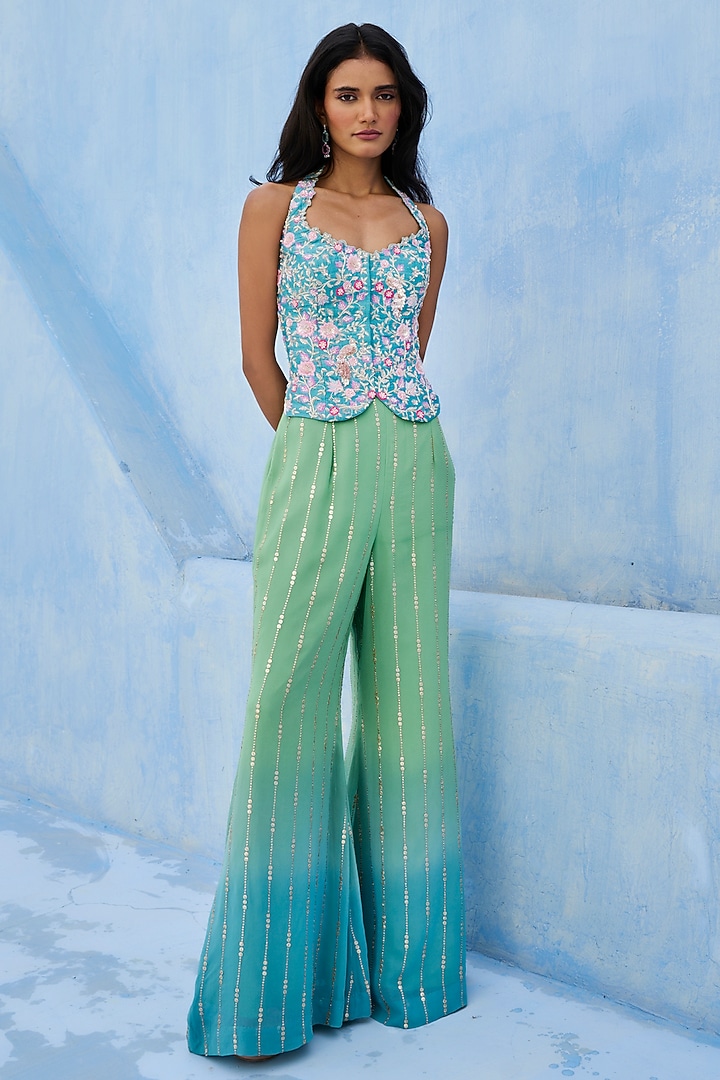 Blue & Green Raw Silk Sequins Embellished Pant Set by Chamee and Palak at Pernia's Pop Up Shop