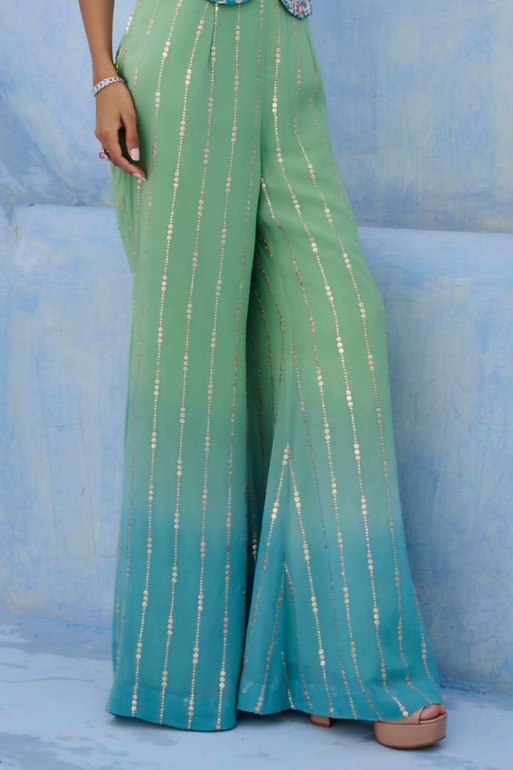 Blue & Green Raw Silk Sequins Embellished Pant Set by Chamee and Palak at Pernia's Pop Up Shop
