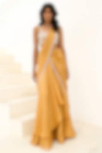 Gold Tissue & Brocade Embellished Pre-Draped Wedding Saree Set by Chamee and Palak at Pernia's Pop Up Shop