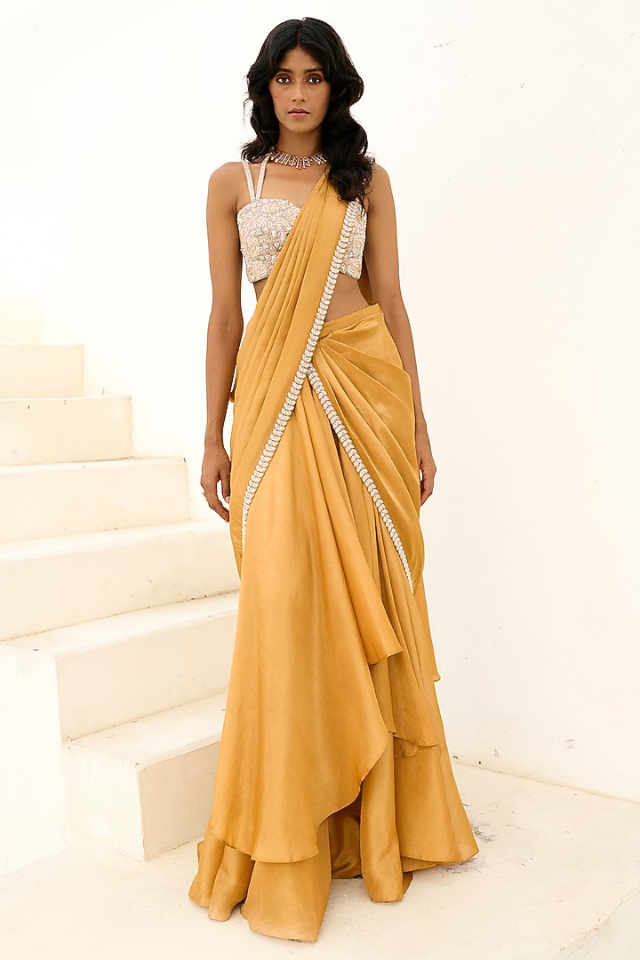 Gold Tissue & Brocade Embellished Pre-Draped Wedding Saree Set by Chamee and Palak at Pernia's Pop Up Shop