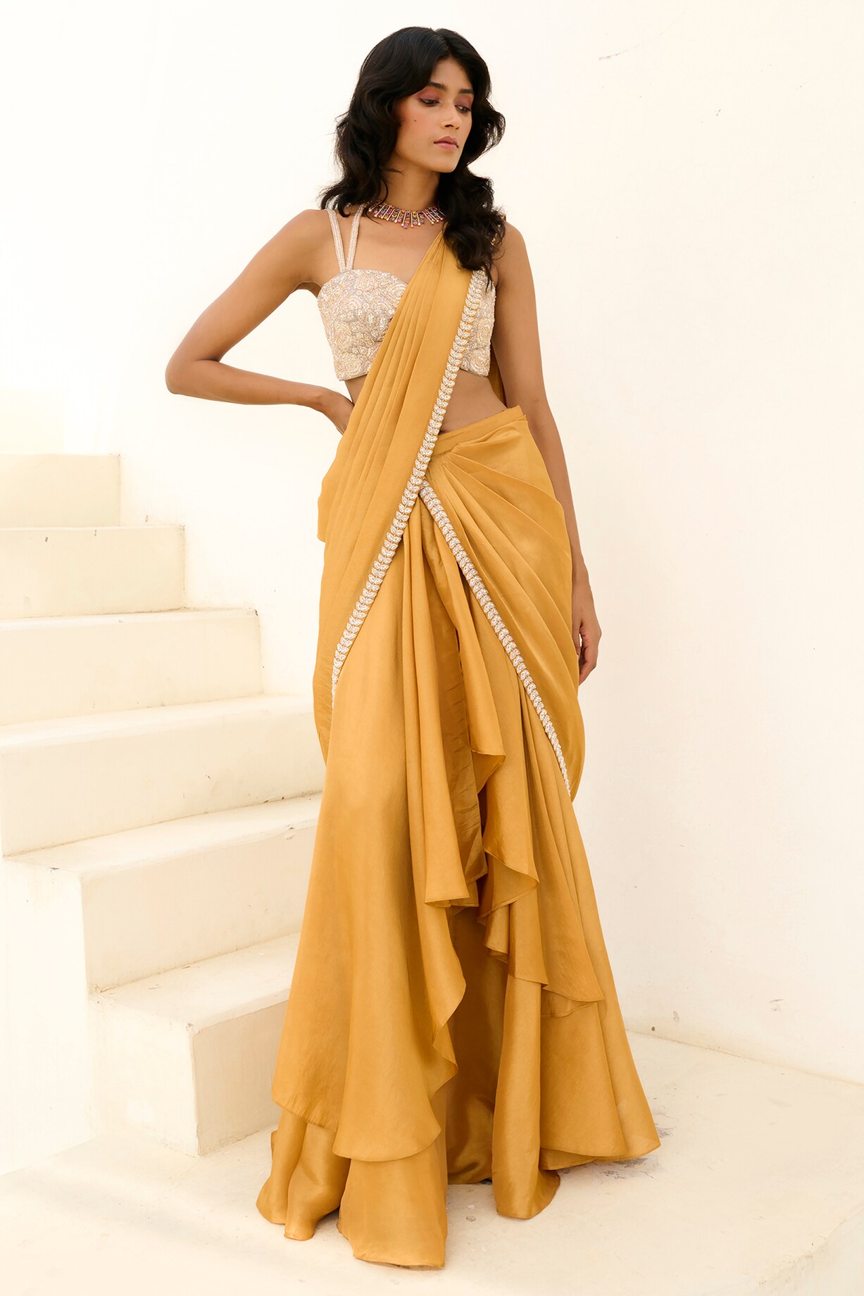 green emerald velvet dress White Net Formal Saree